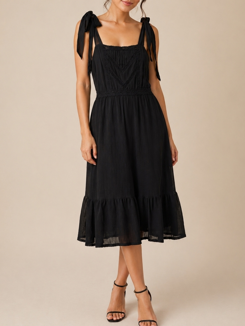 Abercrombie & Fitch Black Tie-Shoulder Midi Dress
